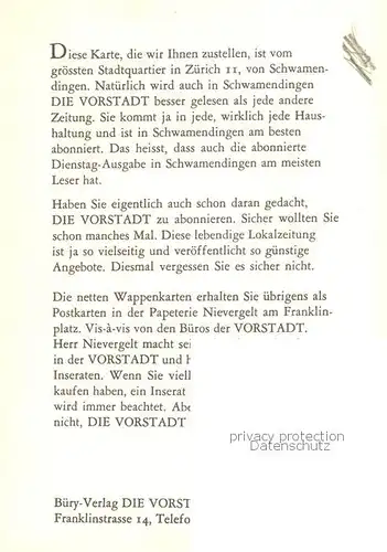 AK / Ansichtskarte Schwamendingen_Zuerich Gemeindewappen In Rot eine silberne Pflugschar oben links ein silbernes Tatzenkreuz 