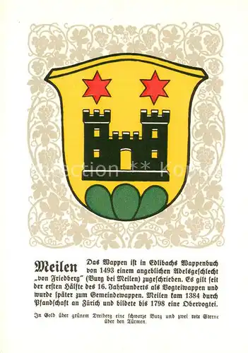 AK / Ansichtskarte Meilen_ZH Gemeindwappen In Gold ueber gruenem Dreiberg eine schwarze Burg und zwei rote Sterne ueber den Tuermen 