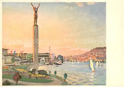 AK / Ansichtskarte Zuerich_ZH Von den Ufern der Landesausstellung Blick gegen Festplatz und Stadt Plastik von H Haller Zuerich_ZH