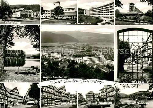AK / Ansichtskarte Allendorf_Bad_Sooden Werra Sanatorium Kurhaushotel gradierwerk Fischteich Fachwerkhaeuser Marktplatz Allendorf_Bad_Sooden