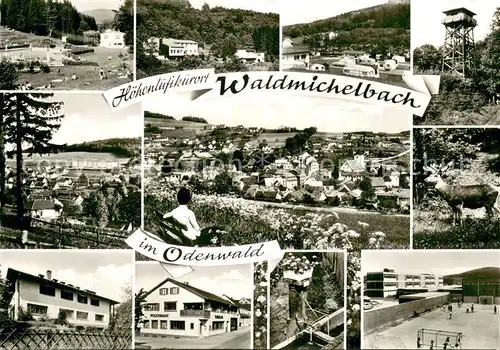 AK / Ansichtskarte Waldmichelbach Panorama Hoehenluftkurort im Odenwald Aussichtsturm Hirsch Sporthalle Sportplatz Waldmichelbach