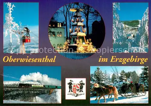 AK / Ansichtskarte Oberwiesenthal_Erzgebirge Schwebebahn Dampflokomotive Pferdeschlitten Winterpanorama  Weihnachtspyramide Oberwiesenthal Erzgebirge