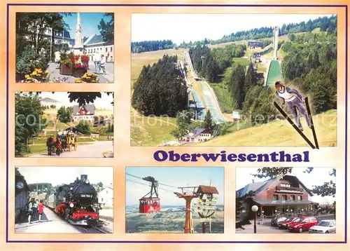 AK / Ansichtskarte Oberwiesenthal_Erzgebirge Marktplatz Postdistanzsaeule Postkutsche Fichtelbergbahn Seilschwebebahn Jens Weissflog Hotel Skisprungschanze Oberwiesenthal Erzgebirge