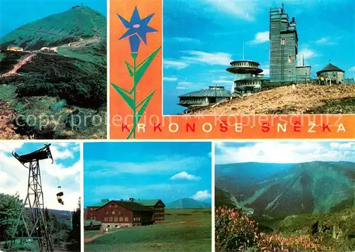 AK / Ansichtskarte Snezka_Schneekoppe Bergwelt Riesengebirge Berggasthof Aussichtsturm Sessellift Snezka Schneekoppe