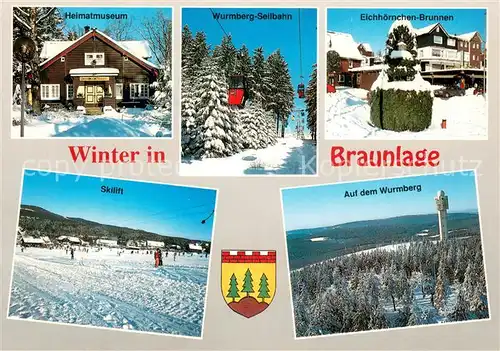 AK / Ansichtskarte Braunlage Winterpanorama Heimatmuseum Wurmberg Seilbahn Eichhoernchen Brunnen Skilift Aussichtsturm Braunlage