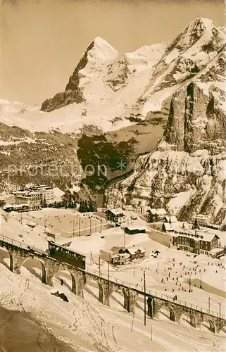 AK / Ansichtskarte Muerren_BE mit Bergbahn Eiger und Moench Muerren_BE