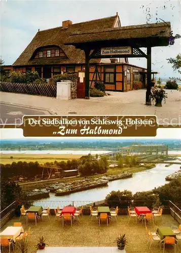 AK / Ansichtskarte Lauenburg_Elbe Restaurant Hotel Zum Halbmond Bundeskegelbahn Aussicht Terrasse Hafen Lauenburg Elbe