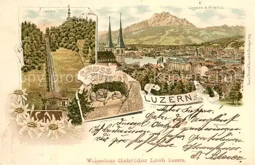 AK / Ansichtskarte Luzern_Vierwaldstaettersee Guetsch Loewendenkmla Luzern und Pilatus Kuenstlerkarte Luzern_Vierwaldstaettersee