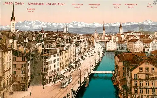 AK / Ansichtskarte Zuerich_ZH Limmatquai und die Alpen Zuerich_ZH