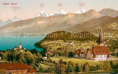 AK / Ansichtskarte Spiez_Thunersee_BE Panorama Kirche Spiez_Thunersee_BE