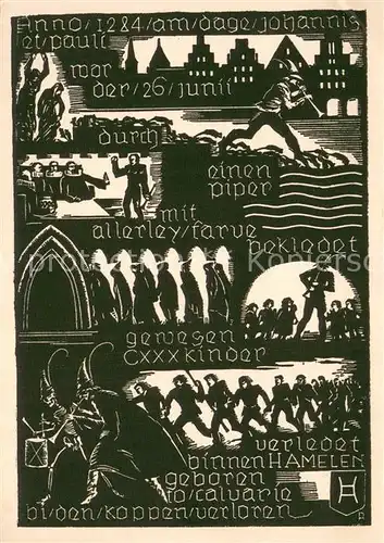 AK / Ansichtskarte Hameln_Weser Rattenfaenger v. Hameln Holzschnitt Hameln Weser