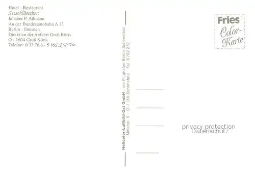 AK / Ansichtskarte Gross_Koeris Fliegeraufnahme Hotel Rest. Seeschloesschen Gross Koeris