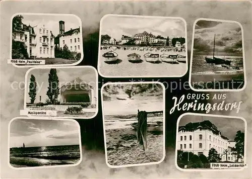 AK / Ansichtskarte Heringsdorf_Ostseebad_Usedom FDGB Heim Paul Heine Musikpavillon Boote am Strand FDGB Heim Solidaritaet Heringsdorf_Ostseebad