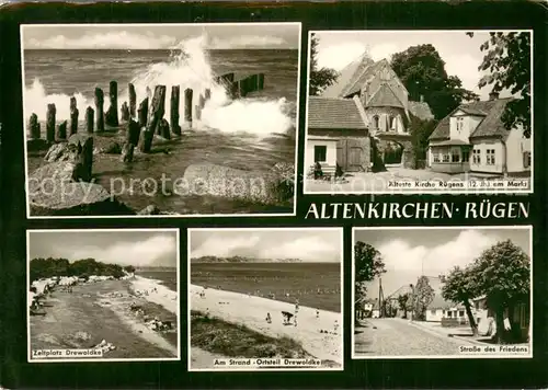 AK / Ansichtskarte Altenkirchen_Ruegen Brandung aelteste Kirche Ruegens am Markt Zeltplatz Drewaldke Strand Strasse des Friedens Altenkirchen Ruegen