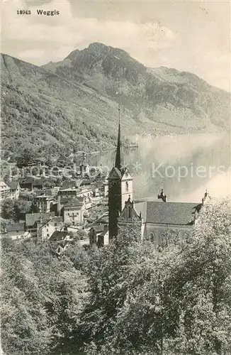 AK / Ansichtskarte Weggis_Vierwaldstaettersee Panorama mit Kirche Weggis_Vierwaldstaettersee