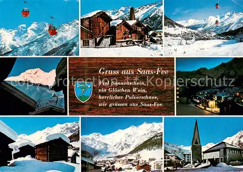AK / Ansichtskarte Saas Fee Teilansichten Gondelbahnen Panorama Kirche Saas Fee
