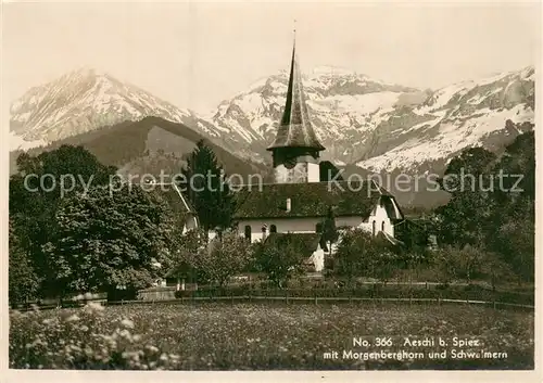 AK / Ansichtskarte Aeschi_Spiez_BE mit Kirche Morgenberghorn und Schwelmern 