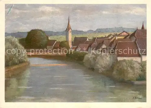 AK / Ansichtskarte Bueren_Aare Partie an der Aare Kuenstlerkarte Bueren_Aare