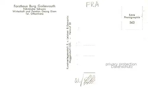 AK / Ansichtskarte Fraenkische_Schweiz Forsthaus Burg Gailenreuth Pension Georg Eisen Fraenkische Schweiz