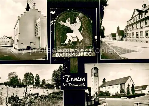 AK / Ansichtskarte Traisa_Darmstadt Schwimmbad Kirche Strassenpartie Traisa_Darmstadt