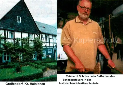 AK / Ansichtskarte Greifendorf Reinhardt Schulze b. Entfachen d. Schmiedefeuers i. d. hist. Kuenstlerschmiede Greifendorf