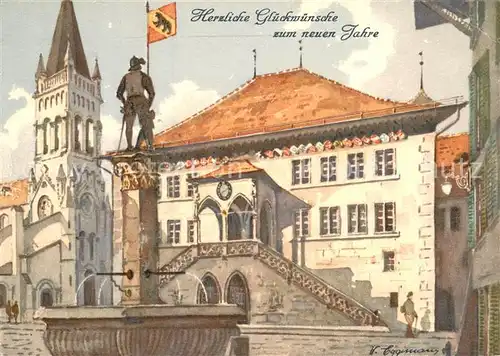 AK / Ansichtskarte Bern_BE Rathaus Brunnen Kuenstlerkarte Bern_BE