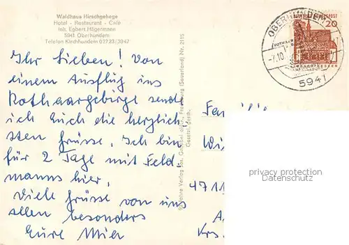 AK / Ansichtskarte Oberhundem Waldhaus Hirschgehege Hotel Restaurant Oberhundem