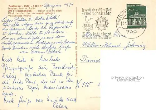 AK / Ansichtskarte Friedrichshafen_Bodensee Restaurant Cafe Eger Gastraeume Friedrichshafen Bodensee