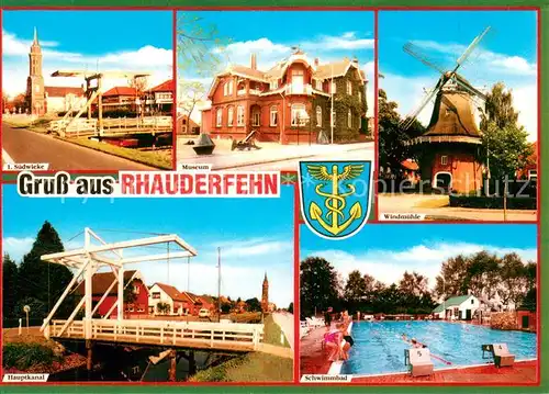 AK / Ansichtskarte Rhauderfehn Museum Windmuehle Schwimmbad Hauptkanal 1.Suedwieke Rhauderfehn