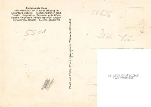 AK / Ansichtskarte Wiersdorf_Eifel Ferienranch Klaes Naturpark Suedeifel Reitstall Springreiten Ponykutsche Kinderspielplatz Wiersdorf Eifel