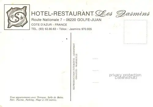 AK / Ansichtskarte Golfe Juan_06 Hotel Restaurant Les Jasmins Jardin Piscine 