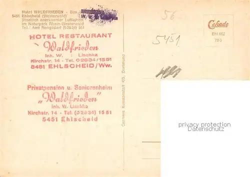 AK / Ansichtskarte Ehlscheid Hotel Restaurant Waldfrieden Ehlscheid