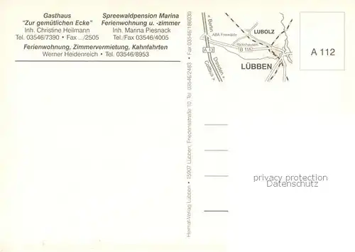 AK / Ansichtskarte Lubolz Gasthaus Zur gemuetlichen Ecke Pension Marina Spreewald Kahnfahrt Lubolz