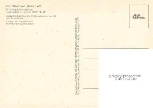 AK / Ansichtskarte Nordheim_Main Zehnthof Weinstuben eG Innenansicht Stube Nordheim Main