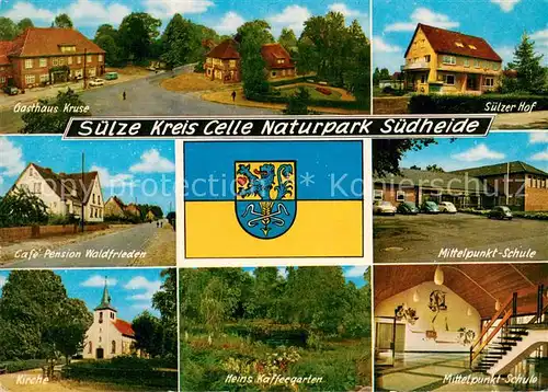 AK / Ansichtskarte Suelze_Bergen_Celle Gasthaus Kruse Suelzer Hof Cafe Pension Waldfrieden Mittelpunkt Schule Kirche Heins Kaffeegarten Mittelpunkt Schule 