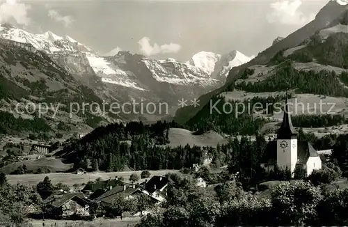 AK / Ansichtskarte Frutigen_BE Kirche mit Doldenhoerner Balmhorn und Altels Frutigen BE