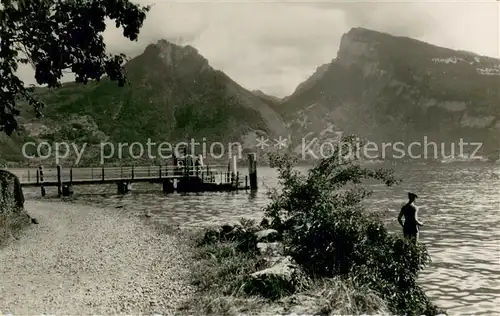 AK / Ansichtskarte Faulensee_Thunersee Strandweg mit Dampfschiff Laende und Blick auf Sigriswilergrat Justistal und Beatenberg Faulensee_Thunersee