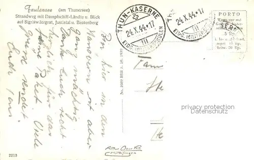 AK / Ansichtskarte Faulensee_Thunersee Strandweg mit Dampfschiff Laende und Blick auf Sigriswilergrat Justistal und Beatenberg Faulensee_Thunersee