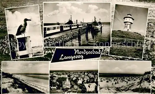 AK / Ansichtskarte Langeoog_Nordseebad Moewe Inselbahn Leuchtturm Panorama Strand Langeoog_Nordseebad