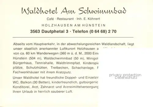 AK / Ansichtskarte Holzhausen_Huenstein Waldhotel Am Schwimmbad Aussenansicht Holzhausen_Huenstein