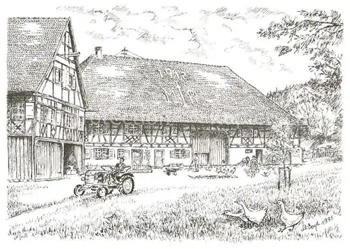 AK / Ansichtskarte Danketsweiler Bauernhaus Museum Wolfegg Kuenstlerkarte Federzeichnung Margit Vogt Danketsweiler