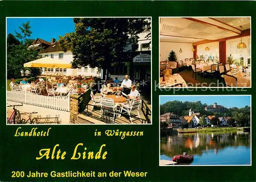 AK / Ansichtskarte Wuergassen Landhotel Alte Linde Terrasse Gaststube Seepartie Wuergassen
