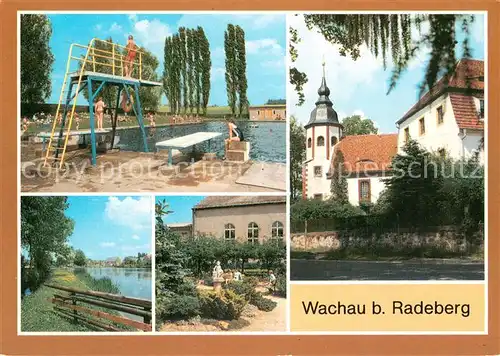 AK / Ansichtskarte Wachau_Sachsen Schwimmbad Kirche Teilansichte Park Wachau Sachsen