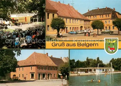 AK / Ansichtskarte Belgern_Elbe Freilichttheater Markt mit Post Volksbad Erlengrund Belgern Elbe