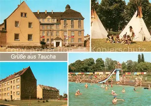 AK / Ansichtskarte Taucha_Sachsen Rathaus AG Indianistik Dewitzer Strasse Stadtbad Taucha Sachsen