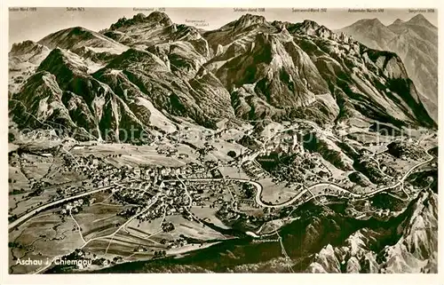 AK / Ansichtskarte Aschau_Chiemgau Gesamtansicht m. BErgkette PAnorama Zeichnung Aschau Chiemgau