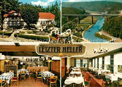 AK / Ansichtskarte Hann._Muenden Hotel Restaurant Letzter Heller Gastraeume Festsaal Panorama Autobahnbruecke Hann. Muenden