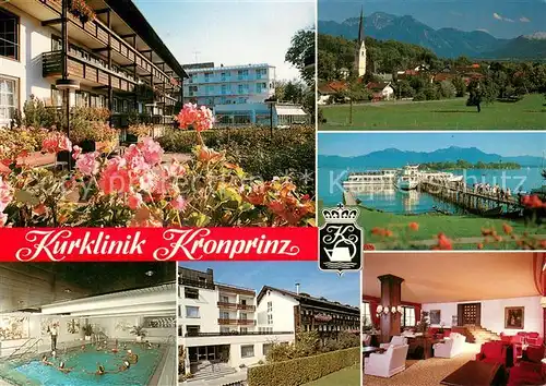 AK / Ansichtskarte Prien_Chiemsee Kurklinik Kronprinz Hallenbad Panorama Schiffsanleger Gastraeume Prien Chiemsee