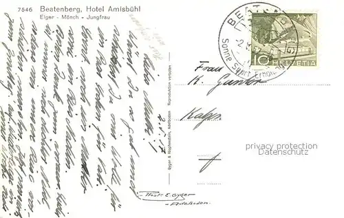 AK / Ansichtskarte Beatenberg_BE Hotel Amisbuehl Aussenansicht m. Eiger Moench Jungfrau 