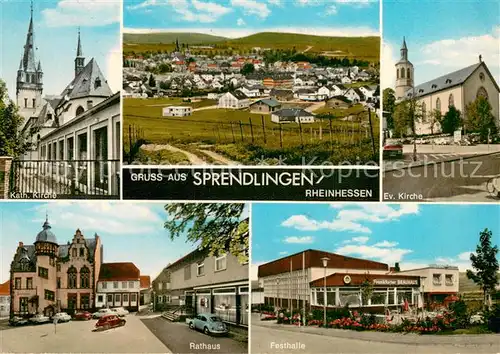 AK / Ansichtskarte Sprendlingen_Rheinhessen Ev. Kirche Festhalle Rathaus Kath. Kirche Sprendlingen Rheinhessen